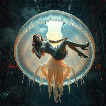 noble norvegian femme fatal lady  laying at top of inverted giant jellyfish, inside its transparent bell, entangled in its tentacles, provocative foil corset  lingerie, lace top stockings, high heels, collar, enslavement, mind control, hypno, empire, imperial palace, cinematic, 4k, epic hollywood movie still, sharp focus, emitting diodes, smoke, artillery, sparks, racks, system unit, motherboard, by pascal blanche rutkowski repin artstation hyperrealism painting concept art of detailed character design matte painting, 4 k resolution blade runner, Lucas style, sci-fi