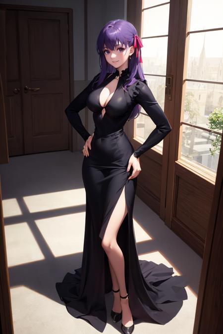 masterpiece, best quality, absurdres, SakuraMatou, long hair, hair ribbon, elegant, long dress, black dress, halterneck, smile, indoors, palace, jewelry, standing, hands on hips, <lora:SakuraMatouV2:1>