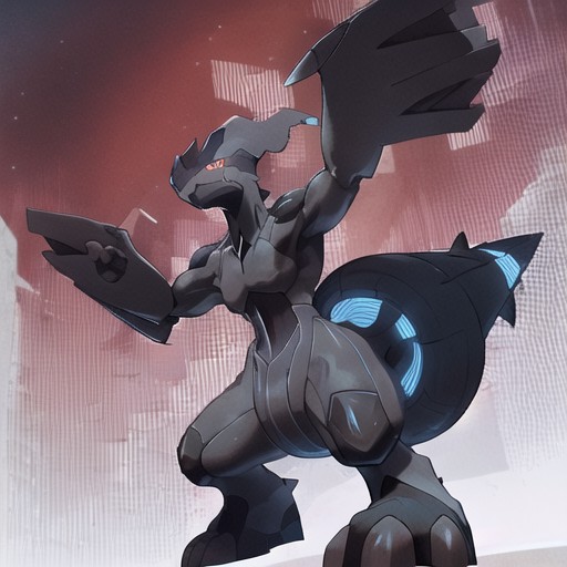 zekrom, solo, closed mouth, smirk, red background, full body, arms up, standing, from below