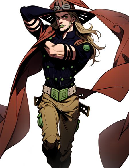 solo, araki hirohiko (style), brown cape, fullbody, gyro zeppeli, hat, goggles,  belt, long hair,body, thin waist, male focus, 1boy, masterpiece, best quality, ultra-detailed detailed, detailed digital artwork, hi res, male focus, beard,  white background, <lora:gyro-000003:0.85>