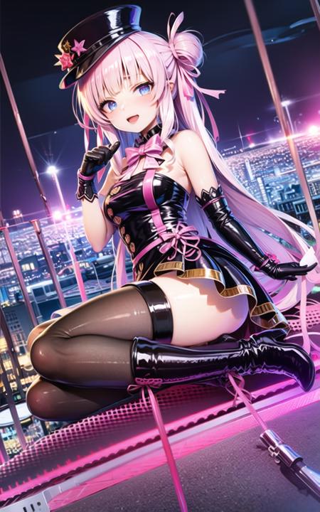 masterpiece, best quality, 1girl, solo, long_hair, <lora:lili:0.65>, outdoors, (night light:1.3), black gloves,hat,city background,black thighhigh,boots