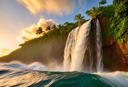 National Geographic nature photoshoot photo, close-up of the waterfall, waterfall cascading down a cliffside on an island paradise in the Caribbean sea,waves crashing below, waterfall plunging into the sea, big sky, landscape photography, expansive, awe-inspiring, breathtaking, vivid colors, golden hour, low-angle shot, very fast shutter speed, <lora:waterfallsXL:0.8>