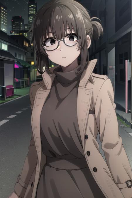 ankouguisu, <lora:anko uguisu s1-lora-nochekaiser:1>,
anko uguisu, short hair, brown hair, glasses, (black eyes:1.5),
BREAK dress, black dress, coat, turtleneck,
BREAK outdoors, city, night sky, night, moon, star \(sky\),
BREAK looking at viewer,
BREAK <lyco:GoodHands-beta2:1>, (masterpiece:1.2), best quality, high resolution, unity 8k wallpaper, (illustration:0.8), (beautiful detailed eyes:1.6), extremely detailed face, perfect lighting, extremely detailed CG, (perfect hands, perfect anatomy),