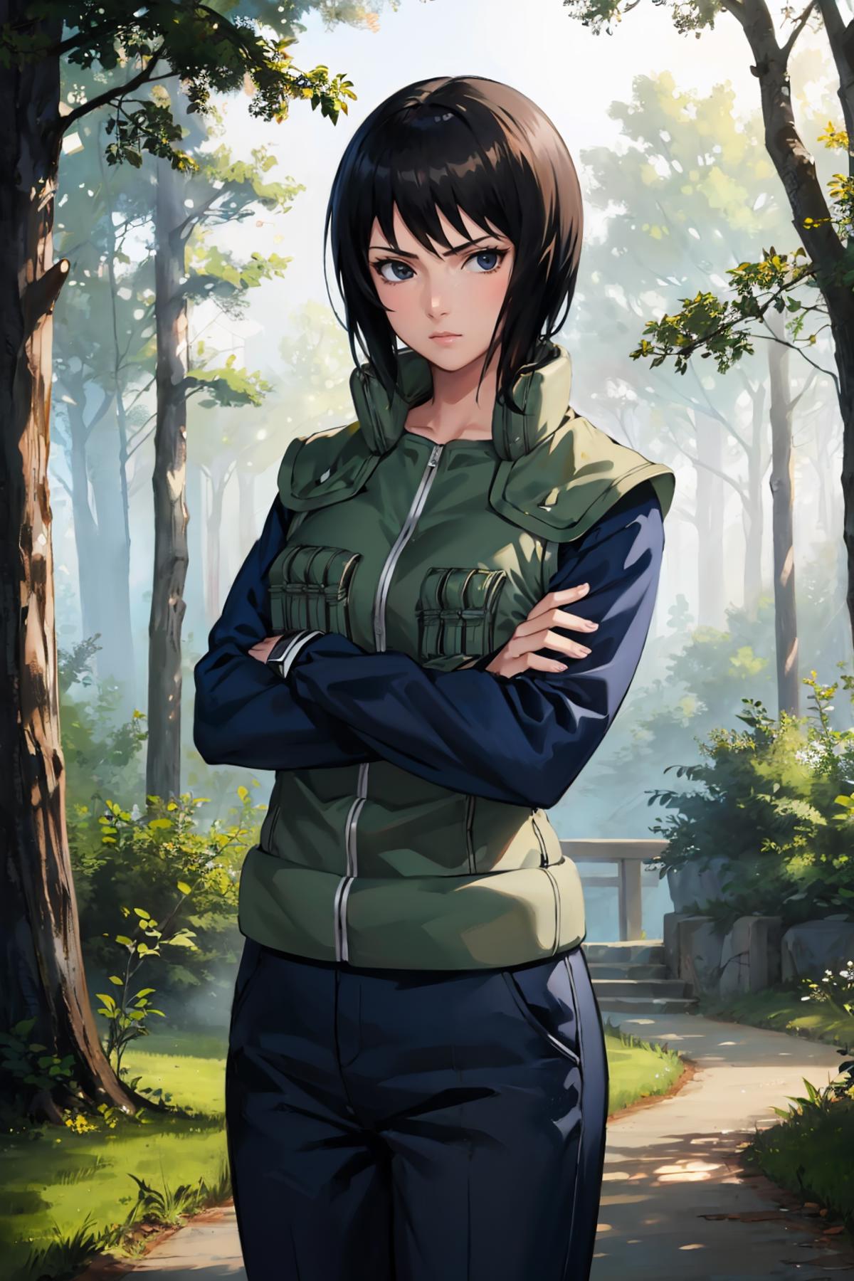 A character in a green jacket and blue jeans stands in a forest.