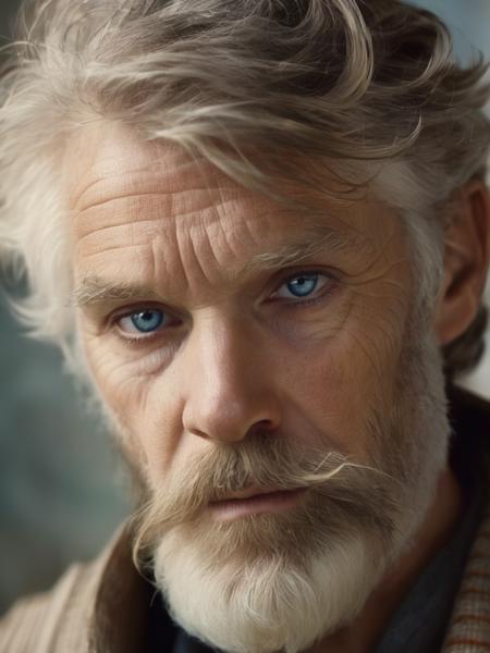 1boy, beard, blue eyes, detailed skin, facial hair, looking at viewer, male focus, mysterious, old, old man, portrait, realistic, scar, solo, white hair, wrinkled skin