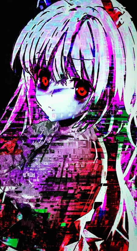 <lora:nfxlyria:1> nfxlyria, anime, glitch, glitchcore woman white hair red eyes