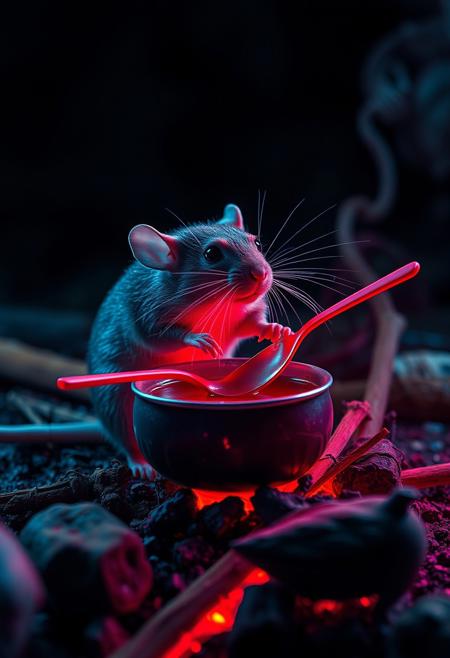 surreal VFX, nano-rat stirring broth on a campfire with a red spoon seen under an electron scanning microscope, with details, vivid colors