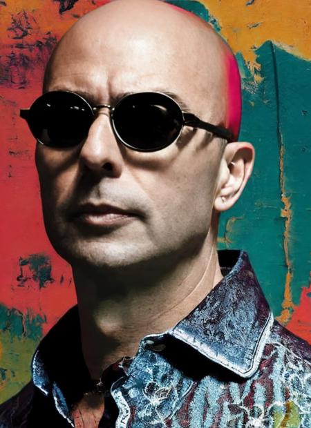 portrait of sks man ((ind1o)) like a hippie without hair and tattoos with aviator glasses, by Flora Borsi, style by Flora Borsi, bold, bright colours, dark Mohawk haircut, ((Flora Borsi)) <lora:ind1o:1>