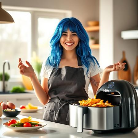 epic cinematic photography of a 23 young woman with a Long shaggy style vibrant blue hair stands in a bright, modern kitchen, enthusiastically showcasing a sleek air fryer. She’s wearing a stylish apron, and the countertop is filled with colorful vegetables and healthy snacks. With a warm smile, she explains the benefits of cooking with an air fryer, demonstrating how easy it is to prepare crispy fries and roasted veggies. The sunlight streams in through the window, highlighting her energetic personality as she invites viewers to join her on a journey to healthier cooking,on the handle of the air fryer it has the company branding that says (Vitta)"