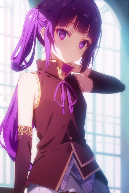 chlammyzell, <lora:chlammy zell s1-lora-nochekaiser:1>,
chlammy zell, long hair, (purple eyes:1.1), purple hair, bangs, blunt bangs, twintails, hair rings,
BREAK detached sleeves, bridal gauntlets, gloves, dress, elbow gloves,
BREAK indoors, classroom,
BREAK looking at viewer, (cowboy shot:1.5),
BREAK <lyco:GoodHands-beta2:1>, (masterpiece:1.2), best quality, high resolution, unity 8k wallpaper, (illustration:0.8), (beautiful detailed eyes:1.6), extremely detailed face, perfect lighting, extremely detailed CG, (perfect hands, perfect anatomy),