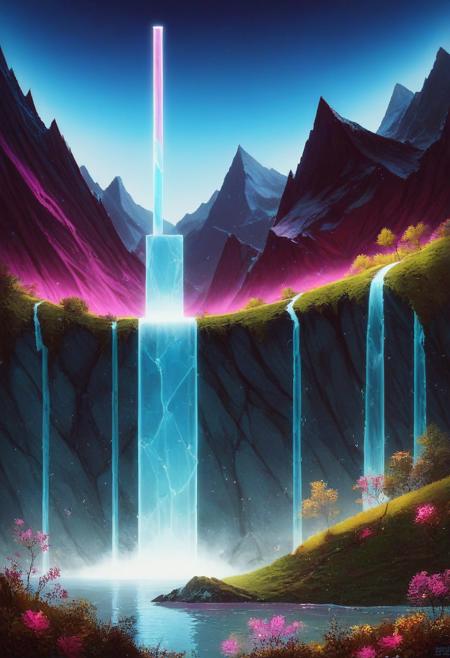 score_10 , score_9_up, score_8_up, score_7_up , score_6_up, vibrant colors, shiny_skin , prefect lighting, detailed image, snoozing , masterpiece , best quality , highly detailed , ultra quality , BREAK , ((w0gf1l , made out of tiny neon glass filaments  , tiny neon glass filaments , made of tiny neon glass filaments,)) , 
Landscape , tree , forest , Mountain, waterfall , 
detailed background , plant , rocks , cinematic composition , dynamic pose ,