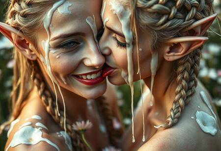 Erotic closeup of faces of 2females, thin elfin features in a field of flowers, 1female is smiling and facing the viewer, the other 1female is in profile licking with her tongue the side of the first female’s face, lots of white-pearlescent liquid is dripping and running down their faces and bodies, they are wearing revealing dresses, seductive, sexy, elaborately braided hair, (realistic), masterpiece, photorealistic, real life photo