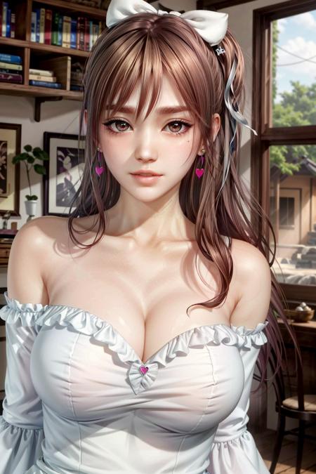 (masterpiece, best quality:1.3)
<lora:epi_noiseoffset2:1> <lora:add_detail:0.7> <lora:DOAHonoka:0.8>
DOAHonoka,  1girl, solo, long hair, breasts, looking at viewer, bangs, large breasts, brown hair, dress, bow, cleavage, brown eyes, jewelry, medium breasts, closed mouth, collarbone, upper body, short sleeves, hair bow, heart, earrings, puffy sleeves, off shoulder, white dress, puffy short sleeves, lips, facial mark, arms behind back, realistic, nose, heart earrings, heart tattoo