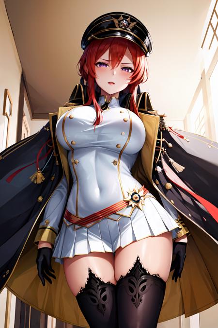 1girl,(shiny skin),(mature female:1.2),black coat,black gloves,black legwear,jacket on shoulders,open clothes,peaked cap, purple eyes,red hair,shirt,white skirt,indoors,ornate,from below,dynamic pose, cowboy shot,<lora:Monarch-Azur_Lane:1>