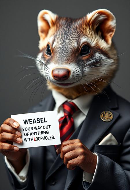 "Create a hyper-realistic image of a dapper weasel lawyer, resplendent in a tailored suit and holding a business card with a confident smile. The nametag on his lapel reads 'Loopholes', and the business card in his paw is emblazoned with the slogan 'Weasel Your Way Out Of Anything With Loopholes'. The card is held up at a slight angle, allowing the viewer to read the text clearly. The weasel's eyes are bright and cunning, and his whiskers are perfectly groomed. The overall effect is one of sly, sophisticated charm, as if Loopholes is the ultimate expert in finding creative solutions to even the most intractable problems." highest-Quality, 8 k, intricate details, visually stunning, Masterpiece