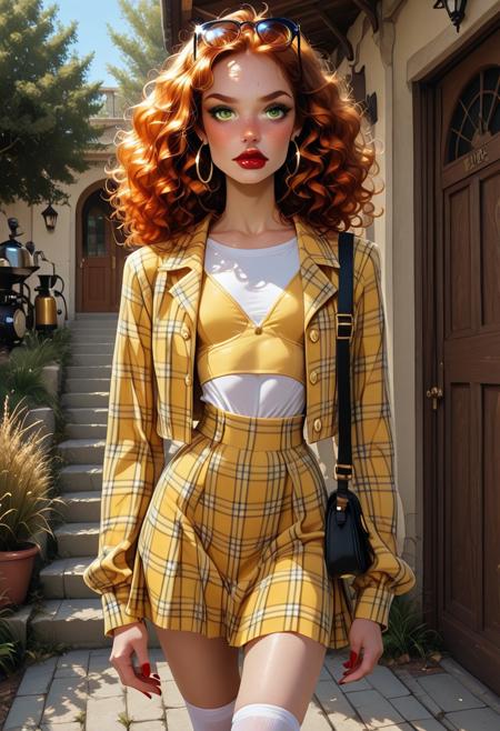 college setting, outdoors, entrance, steps, grass, coffee stand, sunny day, detailed, sharp focus, beautiful, solo, 1 girl, Sandy, freckles, curly hair, long ginger hair, makeup, red lipstick, eye shadow, hoop earrings, green eyes, looking at viewer, lips slightly parted, tight waist, freckles on shoulder and chest, tiny breasts, shy, cute, skinny, petite, delicate,   fierce expression, sunglasses on head, yellow plaid jacket, yellow plaid skirt, white collared shirt, white kneehighs, yellow vest, high heels, satchel over shoulder