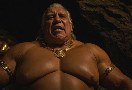 (photo, realistic, raw), (nighttime, at night, dark, dark hard shadows, cinematic atmosphere, movie grain, hazey atmosphere), closeup from below, (brute, barbarian, etherial, spiritual, emperor, king, god), old burly buff gentleman, old manly mature man, combed back hair,  doublechin, old tanned grandpa, wrinkly neck, proud big chest, thick neck, armpits, tanned skin, tight golden spandex, gold jewellery, gold necklace,gold earring, tribal tattoos, in a dark ancient cave at night, nighttime,looking directly at viewer with a loving caring smile, leaning forward close to viewer, very close, intimite situation, romantic atmosphere, intimate lustful romantic expression, sad expression, belly and pecs from below