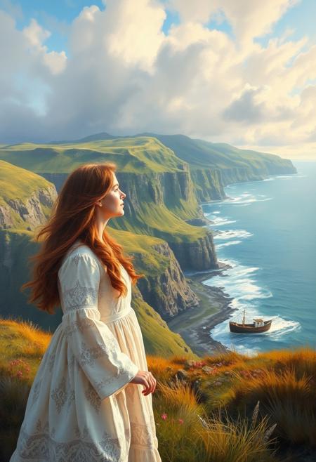 The Galway girl and a spectacular, rugged west coast of Ireland scenery, a majestic oil painting