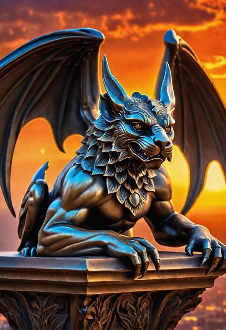 a hyper detailed bronze gargoyle, gargoyle is highly detailed,
with its wings and claws all rendered in exquisite detail, filigree, intricate details, against the background
of the setting fiery sun, super mystical atmosphere and aura, clear small details,
digital painting, high quality, by Boris Vallejo, rendered in HDR 8K resolution, full of wonderful and dazzling colors, 
the setting sun is ablaze with fiery light, and it casts a warm glow on the gargoyle, effect of high-quality cinematic cameras, depth of field,
sharp focus, very high detail