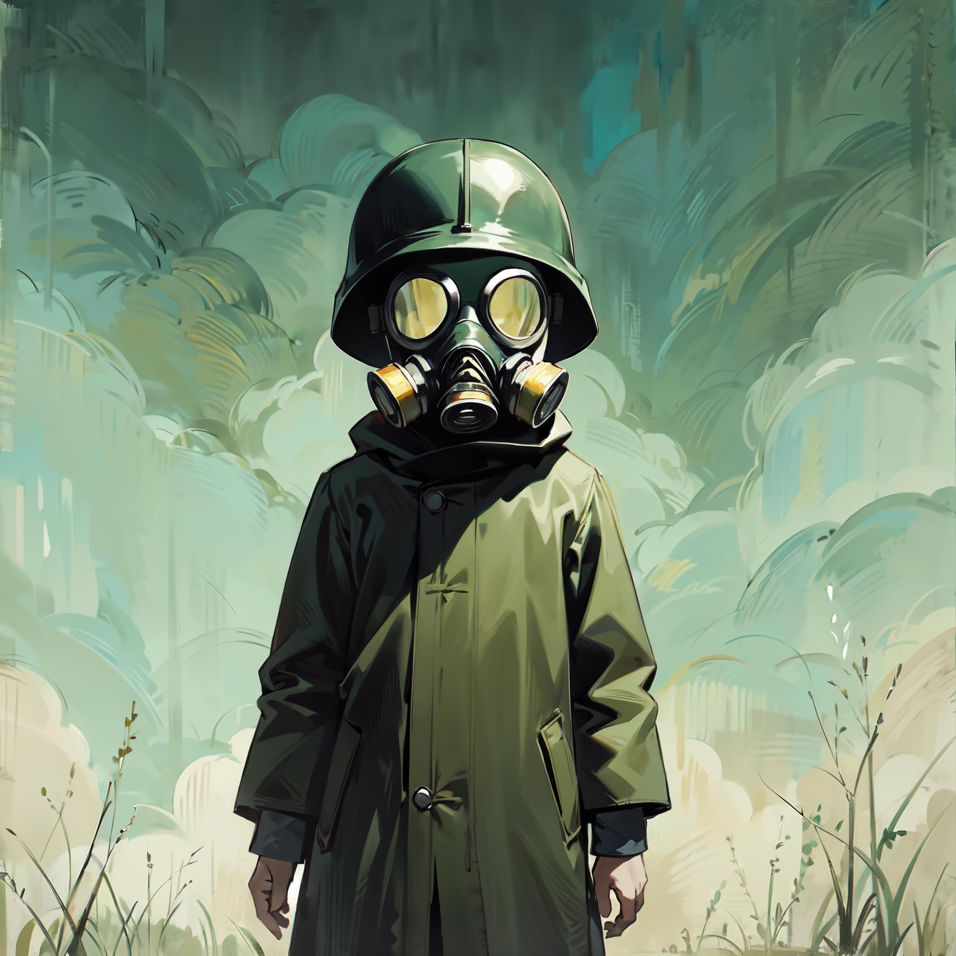 A person wearing a gas mask and a green coat standing in a field.