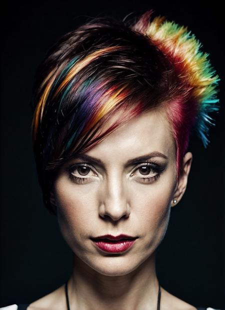 portrait of sks woman by Flora Borsi, style by Flora Borsi, bold, bright colours, rainbow Mohawk haircut, ((Flora Borsi)), <lora:locon_nanavisitor_v1_from_v1_64_32:1>