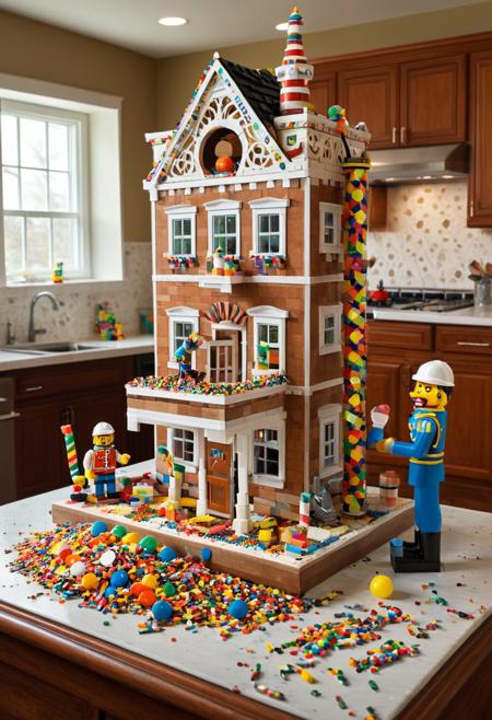 masterpiece, best quality, In a kitchen-turned-construction site, nutcracker in tiny hard hats and reflective vests work on building an elaborate puzzle mansion. One nutcracker worker operates a match crane, lifting a gumdrop roof into place, while another holds a blueprint made of paper. Nearby, a nutcracker foreman yells into a licorice megaphone, gesturing at a pile of button bricks that are about to topple. The table is a chaotic mix of sprinkles, frosting, and construction tools made of legos, while a curious cat watches from the counter, ready to pounce on a stray gumdrop,Fantastic lighting. Detailed shadows.intricate details, vivid colors, hyper-detailed, ultra-sharp.