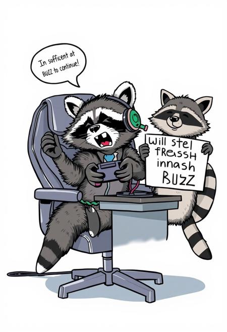 Gamer Raccoon in Despair – A raccoon in a gaming chair with headphones throws his controller in frustration. His screen says, "Insufficient BUZZ to continue." He slams his paws on the desk, while his raccoon friend holds a sign: "Will steal trash for BUZZ."