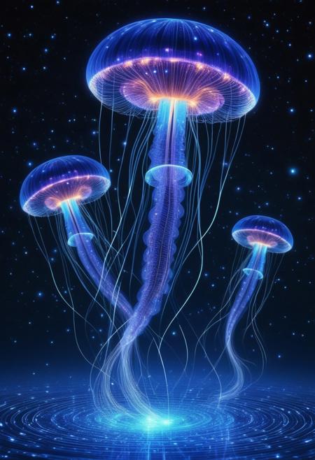 An endless ocean that glows from within, its waves composed of liquid sapphire, shifting between transparency and deep midnight blue. Above, massive cybernetic jellyfish drift gracefully, their tendrils forming neon circuitry patterns across the sky. Floating spirals of woven metal rise from the water, constantly twisting into new labyrinthine shapes, reflecting distant stars like liquid mirrors. Occasionally, holographic fish leap from the water, leaving behind trails of binary code that shimmer briefly before dissolving into the ether.