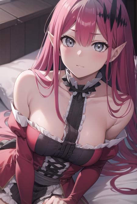 baobhan sith, (grey eyes:1.5), long hair, pink hair, pointy ears, cross-laced clothes, cross-laced dress, cross-laced legwear, detached sleeves, dress, pink dress, frilled dress, frills, hair ornament, red ribbon, red sleeves, ribbon,