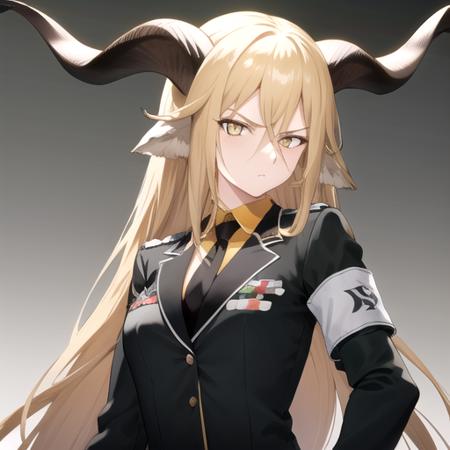 ((masterpiece)),(best quality),official art,extremely detailed CG,unity 8k wallpaper,ultra detailed,1girl,solo,upper body,(portrait:1.2),scowl,animal_ears,absurdly_long_hair,blonde_hair,shirt,military_uniform,black_pants,goat_horns,hair_between_eyes,black_gloves,black_jacket,black_footwear,looking_at_viewer,long_sleeves,yellow_eyes,goat_ears,thigh_strap,armband,bangs,black_necktie,high_heels,breasts,<lora:Degenbrecher(ark)>,