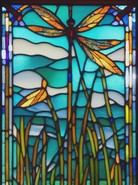 <lyco:LouisComfortTiffany:1.0> dragonflies reeds sea sky art nouveau stained glass window