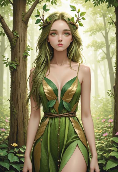 A Greek dryad. Long chestnut hair with green strands. Light skin with golden tint. Green eyes. Thin eyebrows. Small nose. Pink lips. Wears a light dress of leaves and flowers. Stands by oak tree.
(Greek dryad, leaf dress)
((half body view)), (((cowboy_shot)))