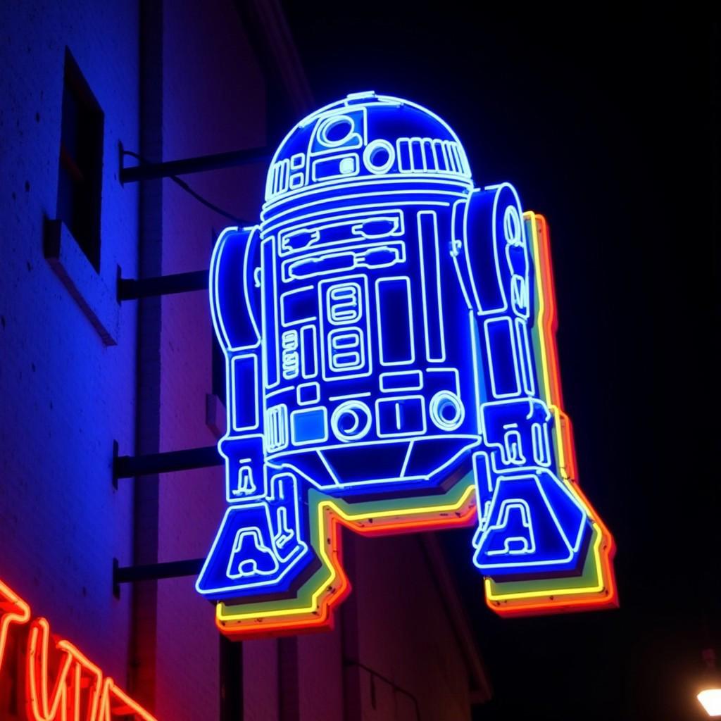 vintage neon sign in the style of R2D2 blue and white, hanging on a hotel