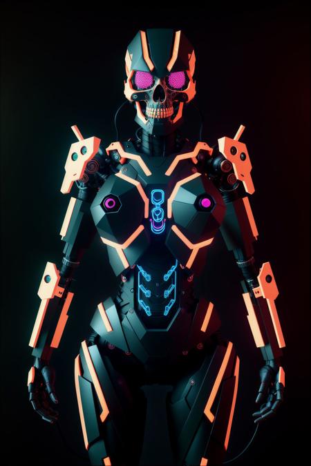 best quality, 8k, photography, beautiful eyes, detailed eyes, giant 3d printer, night market, arsenal, neon light, starry night, 1girl, epoxy_skull, cyborg, fullbody, perfect body, chasing by cyborg enemies, battelfield background, medium breast, big ass, <lora:epiNoiseoffset_v2:1> <lora:epoxy_skull:1>