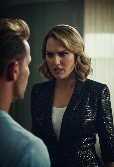 50s Film thriller,  full body shot, panoramic view ,mia malkova  and Fiona Bruce angry face talking to Fredrik Ljungberg ,with a shadow on her face casting shadow style cucoloris patterned illumination, shallow depth of field, vignette, highly detailed, high budget, bokeh, cinema scope, moody, epic, gorgeous, film grain, grainy. futuristic setting