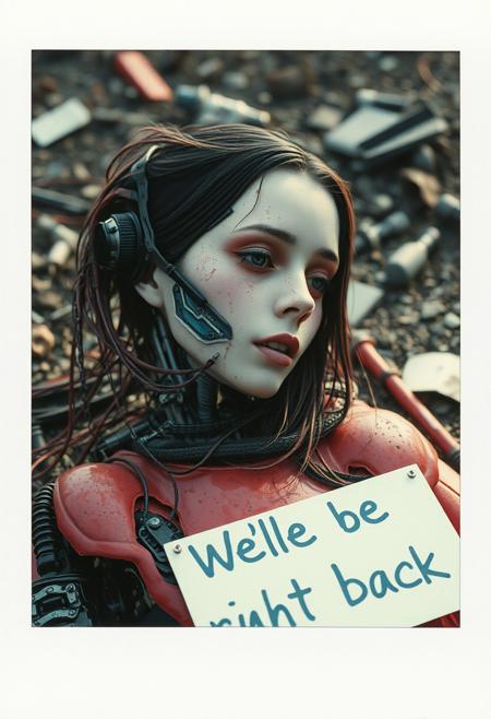biomechanical style Photo of a broken ruined cyborg girl in a landfill, robot, body is broken with scares and holes,half the face is android,laying on the ground, creating a hyperpunk scene with desaturated dark red and blue details, colorful polaroid with vibrant colors, (vacations, high resolution:1.3), (small, selective focus, european film:1.2), with sign "We'll be right back", dappled light , blend of organic and mechanical elements, futuristic, cybernetic, detailed, intricate, Cinematic portrait photography, capture subject in a way that resembles a still frame from a movie, cinematic lighting, story, narrative quality, drawing viewers into the scene and evoking a sense of cinematic immersion, capturing emotion, professional, engaging, compelling composition