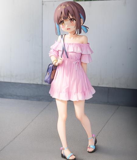 HozukiMomiji; 1girl, solo, off shoulder, blue hair, simple background, blush, short ponytail, shorts, cosplay, two-tone hair, multicolored hair, bag, bare legs, open mouth, off-shoulder dress, shoulder bag, full body, brown hair, short hair, pink dress, oyama mahiro (cosplay), dress, white footwear, sandals, bare shoulders
 <lyco:onimai-cs2-dim8-4-loha-step-30000:1>