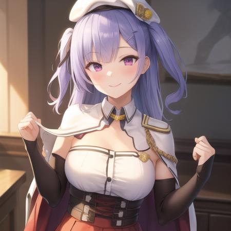 (masterpiece, best quality:1.2),illustration,8k,hd,1girl,solo,upper body,(portrait:1.2),ajax (azur lane),aiguillette,bangs,beret,black legwear,brown footwear,capelet,detached sleeves,hair ornament,hairclip,hat,high-waist skirt,loafers,long hair,long sleeves,pantyhose,pink eyes,purple hair,red skirt,ribbon,skirt,sleeves past wrists,smile,two side up,white hat,yellow ribbon,<lora:Ajax(azur)>,