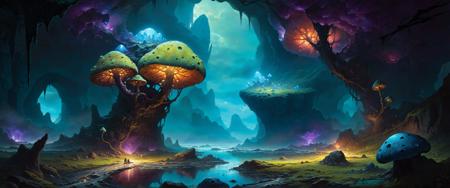 <lora:add-detail-xl:2.4> <lora:xl_more_art-full-xl:0.6> <lora:style-noah_bradley-xl-by_kappa_neuro:1.0> <loractl:envybetterhiresfixxl01-xl:0.0:hr=1.0> noah bradley style, famous artwork by (andreas achenbach:1.2), chiaroscuro, ultra detailed, primal, primeval, an otherworldly underground cavern with (bizarre glowing fungi and wondrous mineral and crystal formations:1.36), a narrow underground river crosses the cavern, dark shadows, exoplanet, bioluminescence art, teal, blue, green, purple