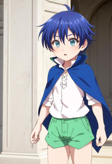 <lora:san_lloyd-de-saloum:0.60>,1boy, lloyd, green shorts,blue hair, masterpiece, ultra detail, blue eyes, (dark blue cape), petite, (masterpiece:1.2), best quality, high resolution, unity 8k wallpaper, (illustration:0.8), (beautiful detailed eyes:1.6), extremely detailed face, perfect lighting, extremely detailed CG, (perfect anatomy), anime style, standing , white shirt
