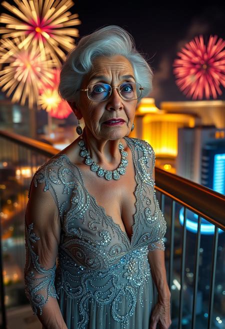 masterpiece, amazing quality, detailed cinematic image, photorealistic front portrait, directional lighting.
photo of a thin, elderly Puerto Rican woman with wrinkles, silver haired soccer mom hairstyle, reading glasses, wearing an elegant bedazzled evening gown, earrings, necklaces, lace stockings, high heels, hotel balcony overlooking Las Vegas at night, city lighting. 
Perfect Composition, photorealistic image, highest quality, masterpiece, ultra 8k, directional lighting, highly detailed face, high contrast, fireworks explode over the las vegas skyline.