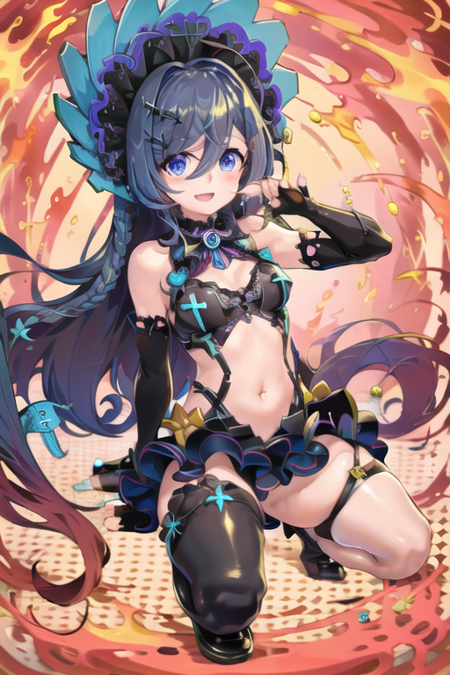 <lora:GunonnoTOF-02:0.7>, gunonno, 1girl, solo, long hair, looking at viewer, smile, open mouth, blue eyes, black hair, hair ornament, thighhighs, gloves, dress, navel, very long hair, braid, black gloves, black thighhighs, fingerless gloves, v, single thighhigh