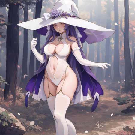 a anime girl in large cape and lingerie with tits and, 1girl, breasts, solo, gloves, thighhighs, long hair, hat, navel, white gloves, elbow gloves, full body, purple hair, witch hat, white thighhighs, clothing cutout