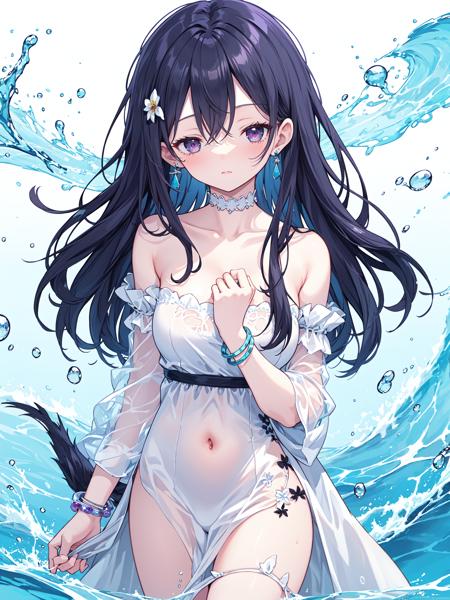 1girl,backless outfit,bare shoulders,bird,black hair,blue dress,blue hair,bracelet,bubble,closed eyes,cloud,collarbone,dress,earrings,flower,hair between eyes,hand on own chest,holding,jewelry,liquid clothes,long hair,looking at viewer,solo,strapless dress,tail,very long hair,water,water drop,waves,white background,white dress,wide sleeves,