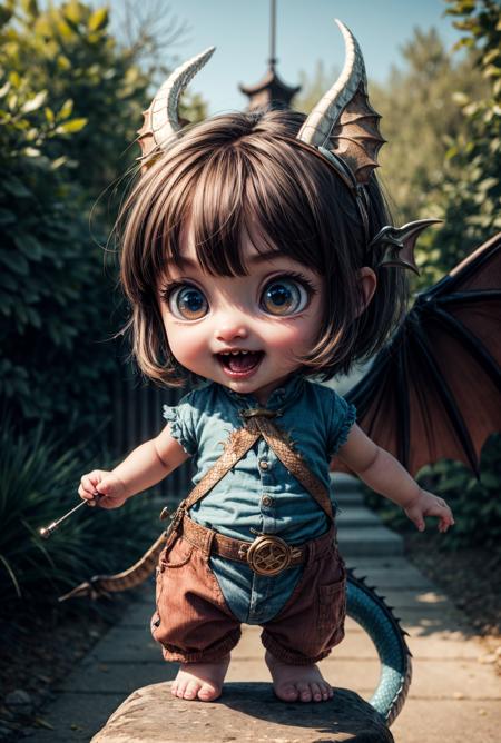 a great photo of 3D cartoon cute baby character, tiny chibi (dragon:1.3)_ <lora:add_detail:1>,  realistic, dynamic, action <lora:Background_Detail_v3:0.15>