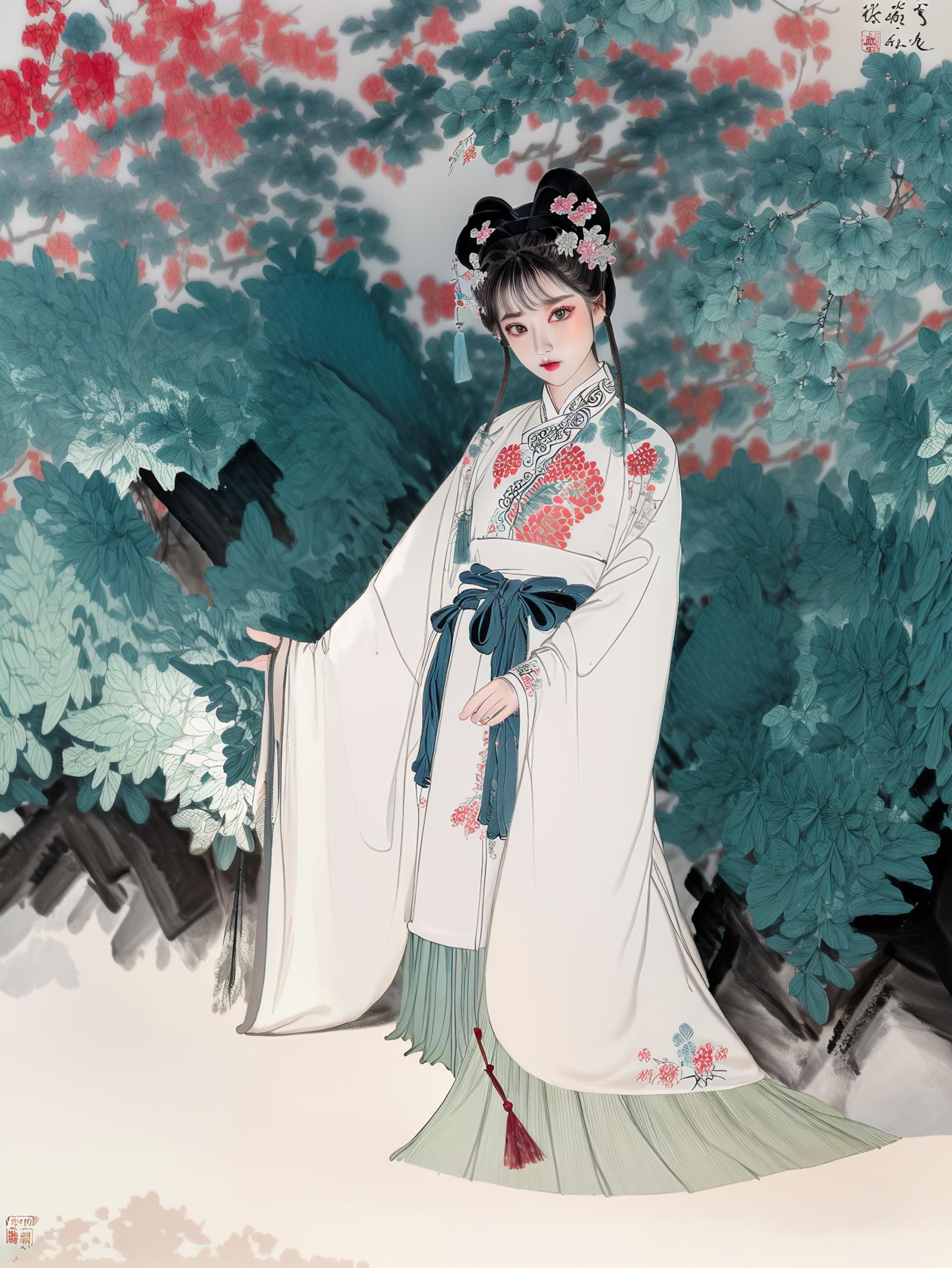 A pretty Asian woman wearing a white dress with a blue sash and a flower in her hair.