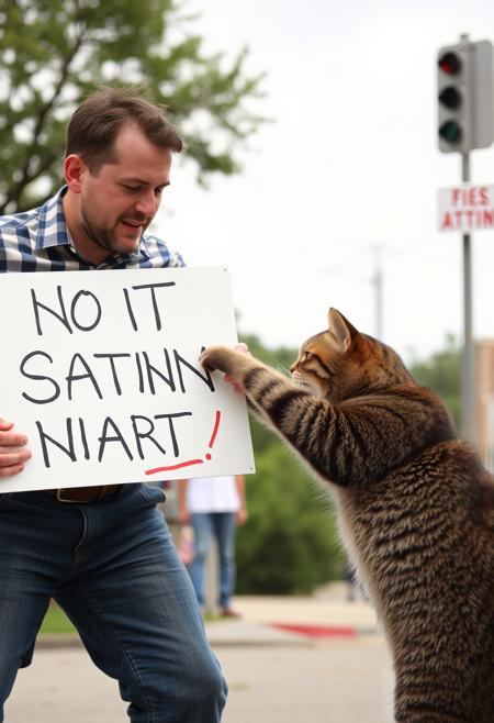 cat punching a man who is holding a sign
