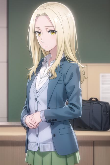 rioamakusa, <lora:rio amakusa s1-lora-nochekaiser:1>,
rio amakusa, long hair, blonde hair, (yellow eyes:1.2), (forehead:1.2),
BREAK skirt, shirt, long sleeves, school uniform, jacket, white shirt, pleated skirt, socks, miniskirt, blazer, cardigan, green skirt,
BREAK indoors, classroom,
BREAK looking at viewer, (cowboy shot:1.5),
BREAK <lyco:GoodHands-beta2:1>, (masterpiece:1.2), best quality, high resolution, unity 8k wallpaper, (illustration:0.8), (beautiful detailed eyes:1.6), extremely detailed face, perfect lighting, extremely detailed CG, (perfect hands, perfect anatomy),