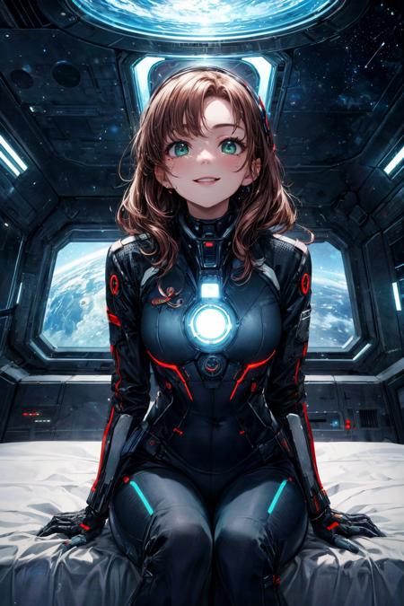 (RAW photo, 8k uhd, Analog style, Masterpiece, Best Quality, Highres:1.3), (dramatic, cinematic:1.2), BREAK,
movie shot of (mature woman:1.1) (Claudia Ivanova:1.1) (female spaceship commander:1.1), military (blue uniform:1.17), (jacket:1.1), (black pants:1.1), small breasts, (wide open:1.05) (green eyes:1.13), (light smile:1.1), detailed skin, wavy red brown hair, mole, (necklace:1.1), (excited expression, delighted:1.07), (dreaming:1.2), sitting on (bed:1.3) in ((futuristic:1.2) spaceship (room:1.1):1.2), (looking up:1.25), (arm support:1.3), futuristic interior, blanket, (visor:1.1), BREAK,
(lamp:1.1), space (porthole:1.15), wide (window:1.15), ((space, stars:1.15), 1planet, spacecraft:1.2), (holographic interface, control panels:1.1), calm mood, seductive, (science fiction:1.3), (science fiction style:1.3), (intricate:1.1), (light particles, glowing:1.1), (light theme:1.3), (film grain:1.1), BREAK,
<lora:more_details:0.85>,
<lora:zoom_slider_v1:1.8>,