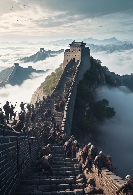 Countless zombies are (climbing:1.2) the Great Wall above the clouds,
falling zombies,(fog:1.2),(apocalypse:1.2),
8K Ultra HD,high detailed,intricate,elegant,highly detailed,artstation,concept art,smooth,sharp focus,illustration,high quality,